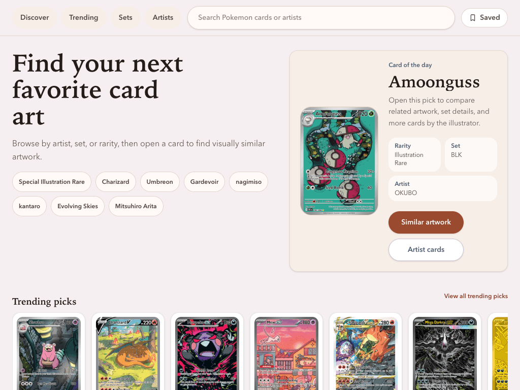 Art Curator discovery page showing a featured Pokemon card and trending artwork.
