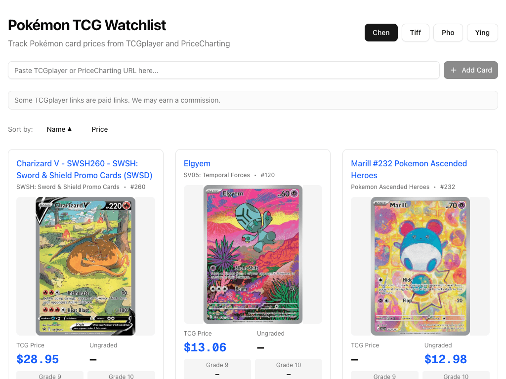 Pokemon TCG Watchlist showing tracked cards and their current prices.