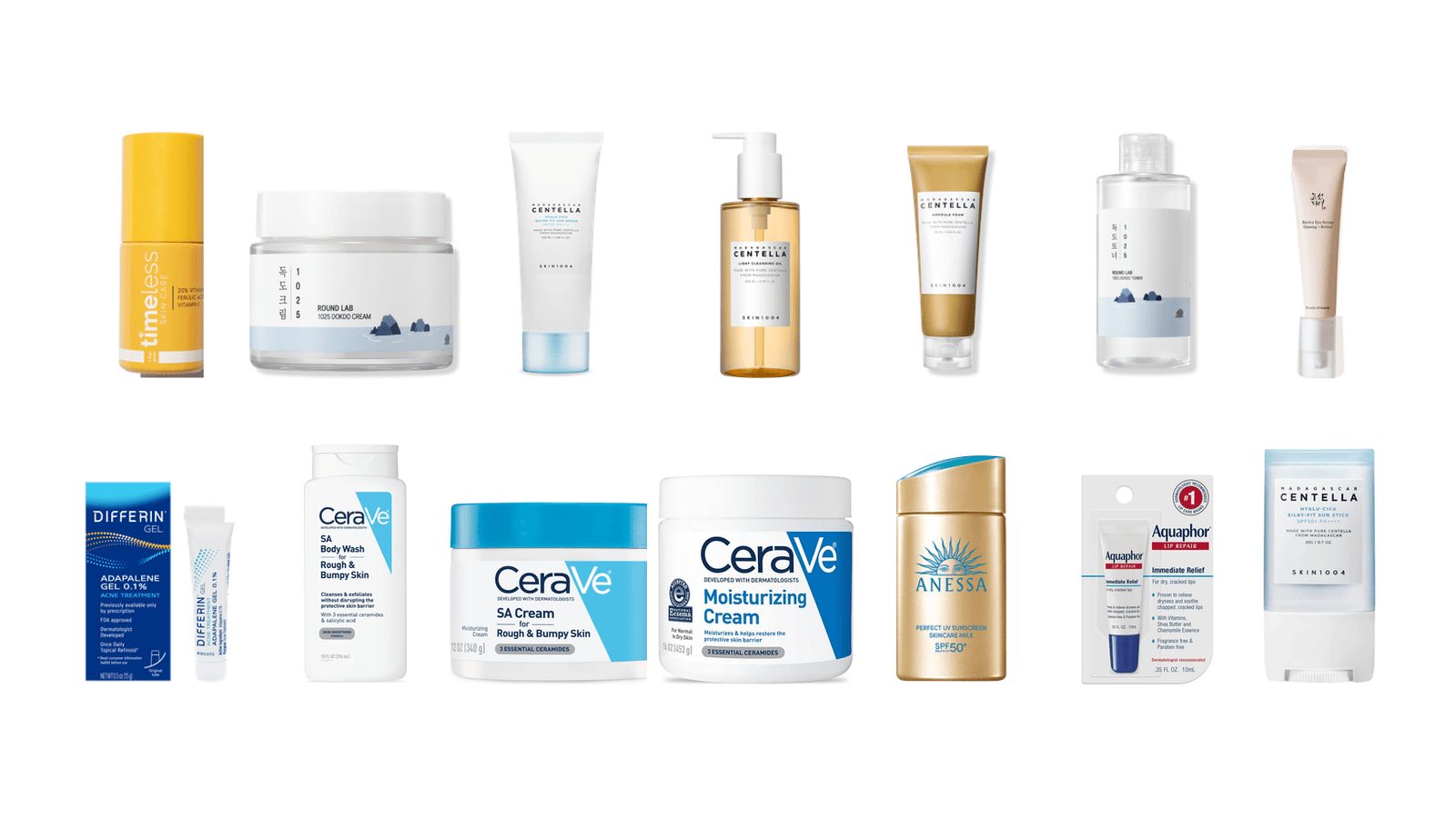 Lineup of skincare products used in the AM, PM, body, and tennis routines.